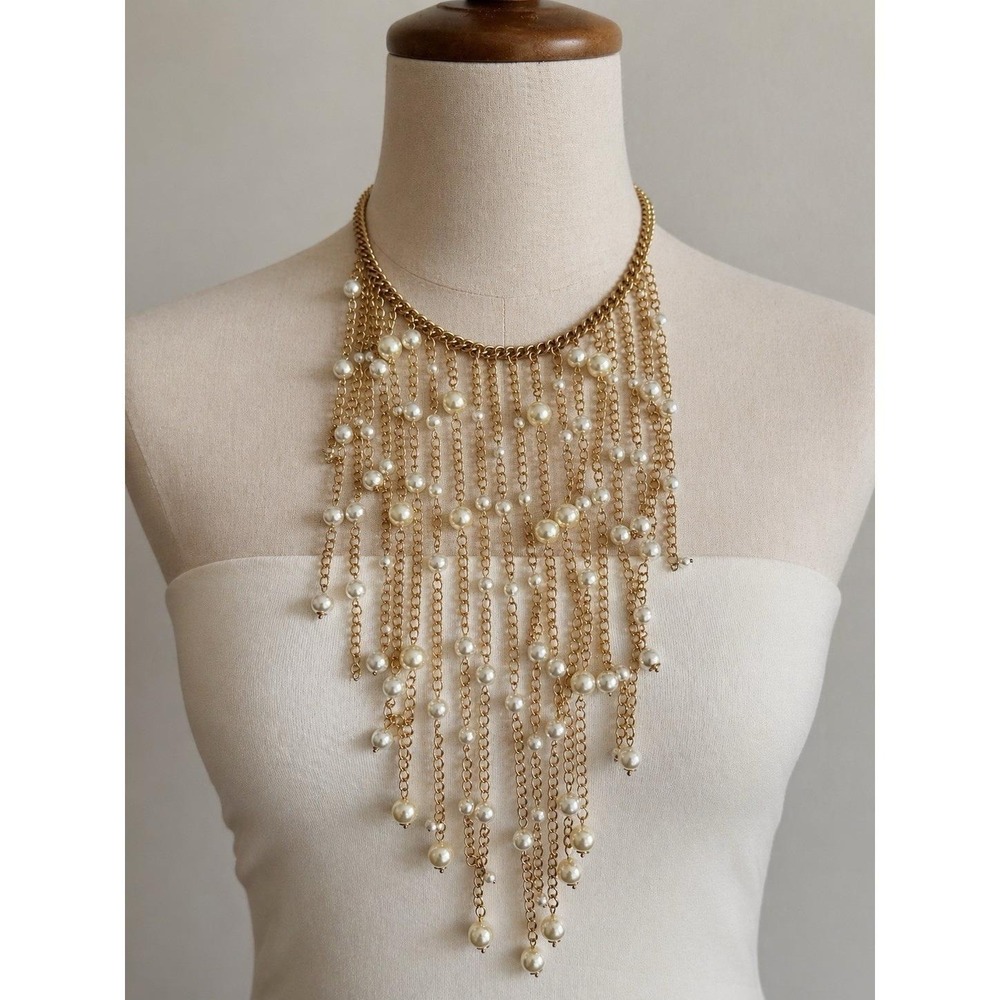 Gold Tone Faux Pearl Fringe Statement Necklace Bib Chandelier Waterfall Necklace